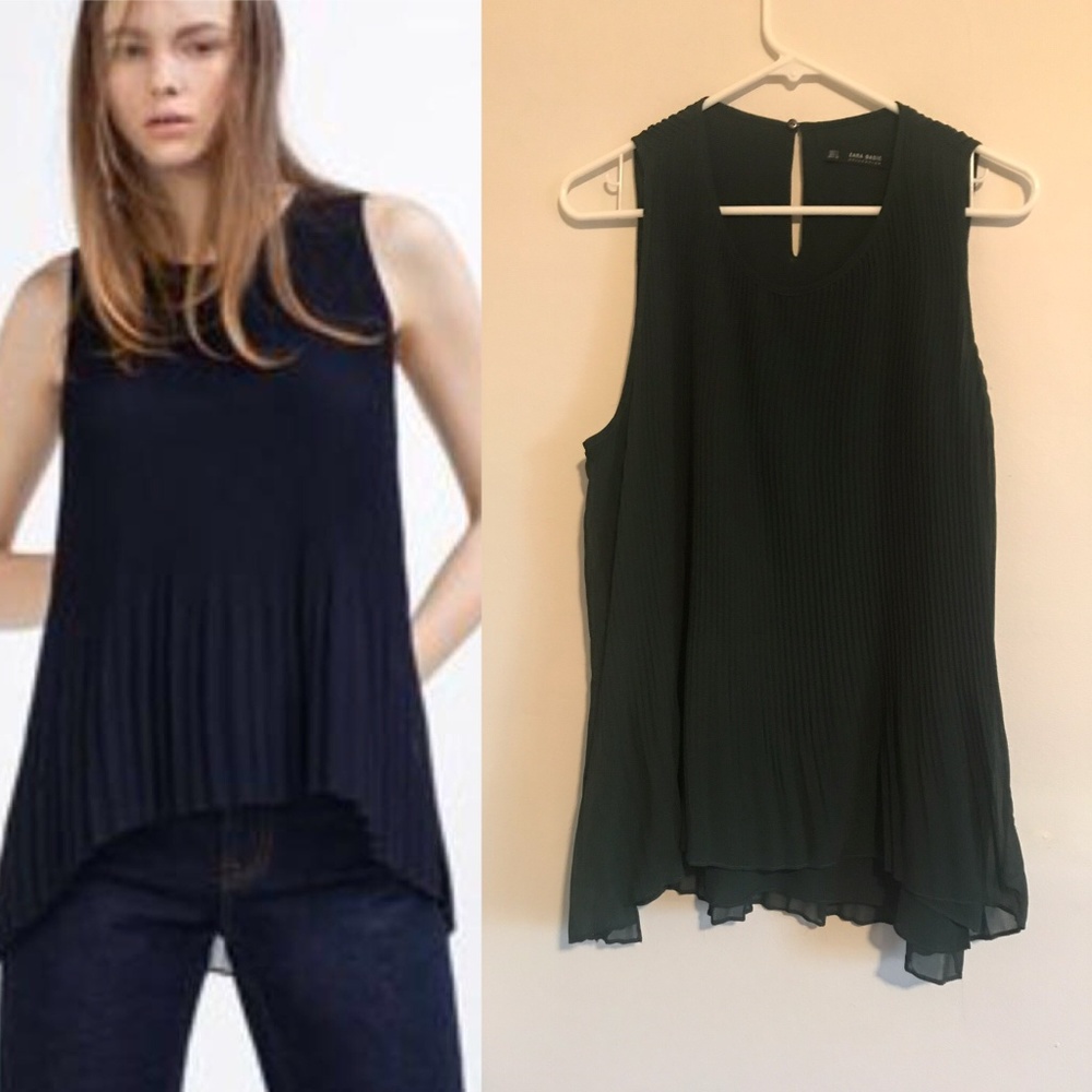Zara Pleated Layer Chiffon Green Top Blouse NWT